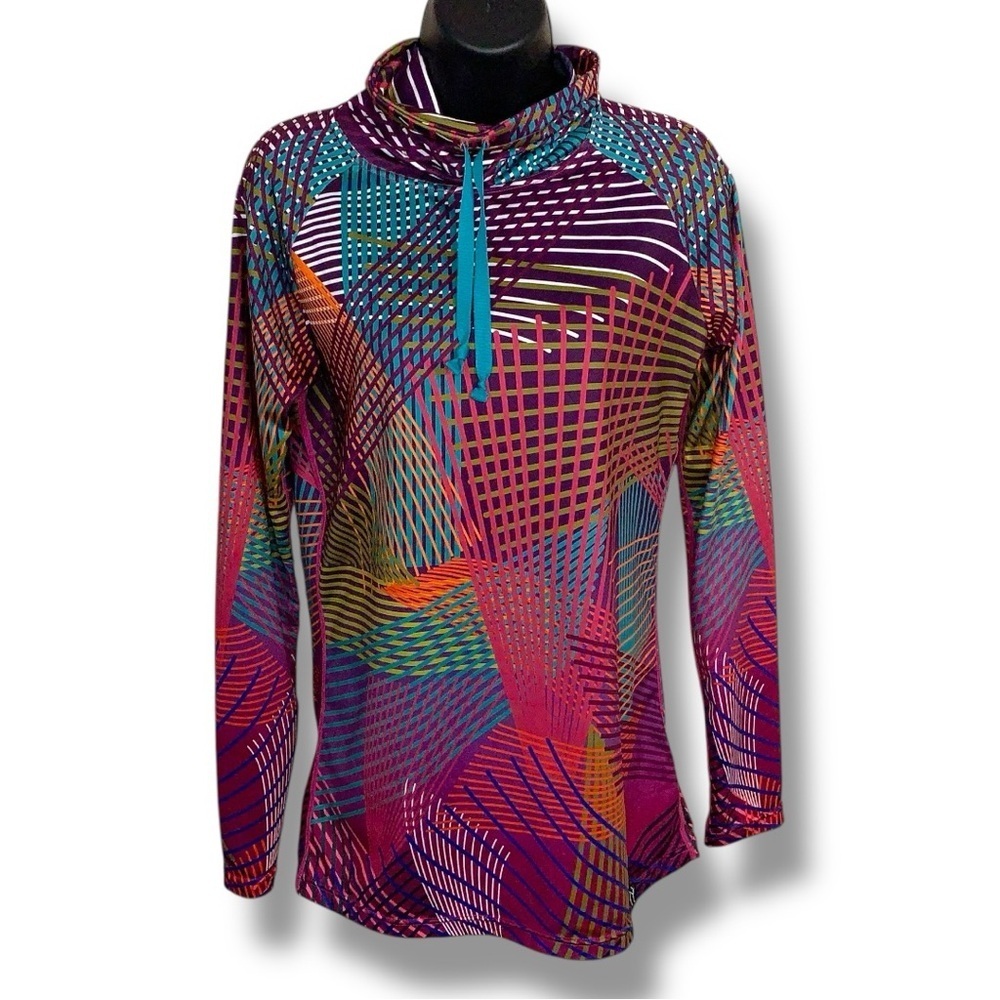 Medium Neve Colorful Geometric  Activewear Jacket Pullover Cowl Neck Athletic